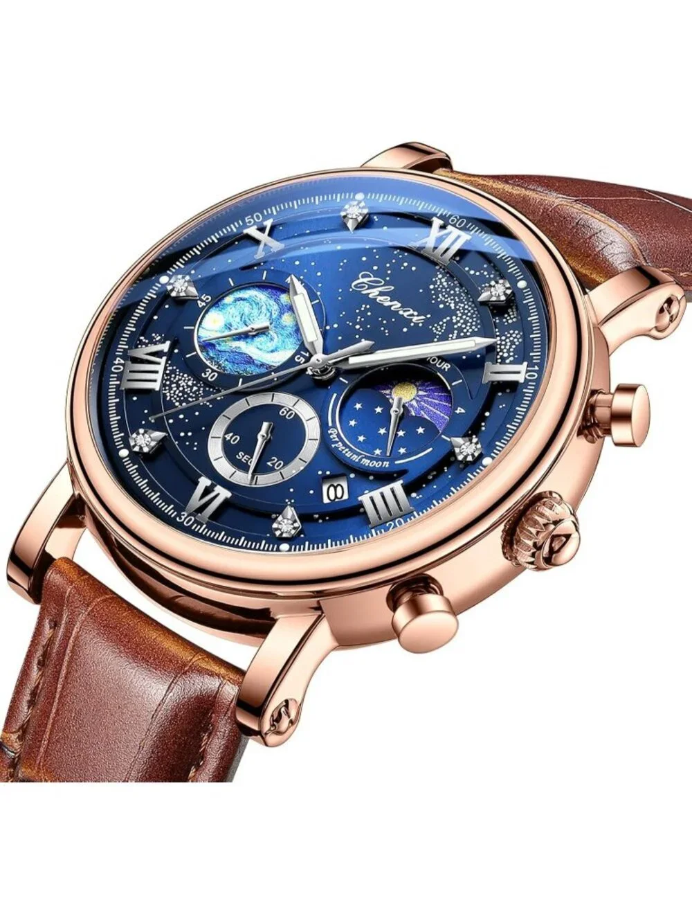 Men's Brown Multifunctional Military Leather Sports Analog Chronograph Watch